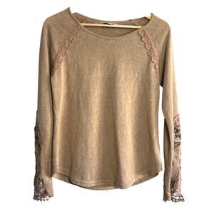 Haute Monde Medium Taupe Long Sleeve Top with Crochet Lace Trim Boho Chic